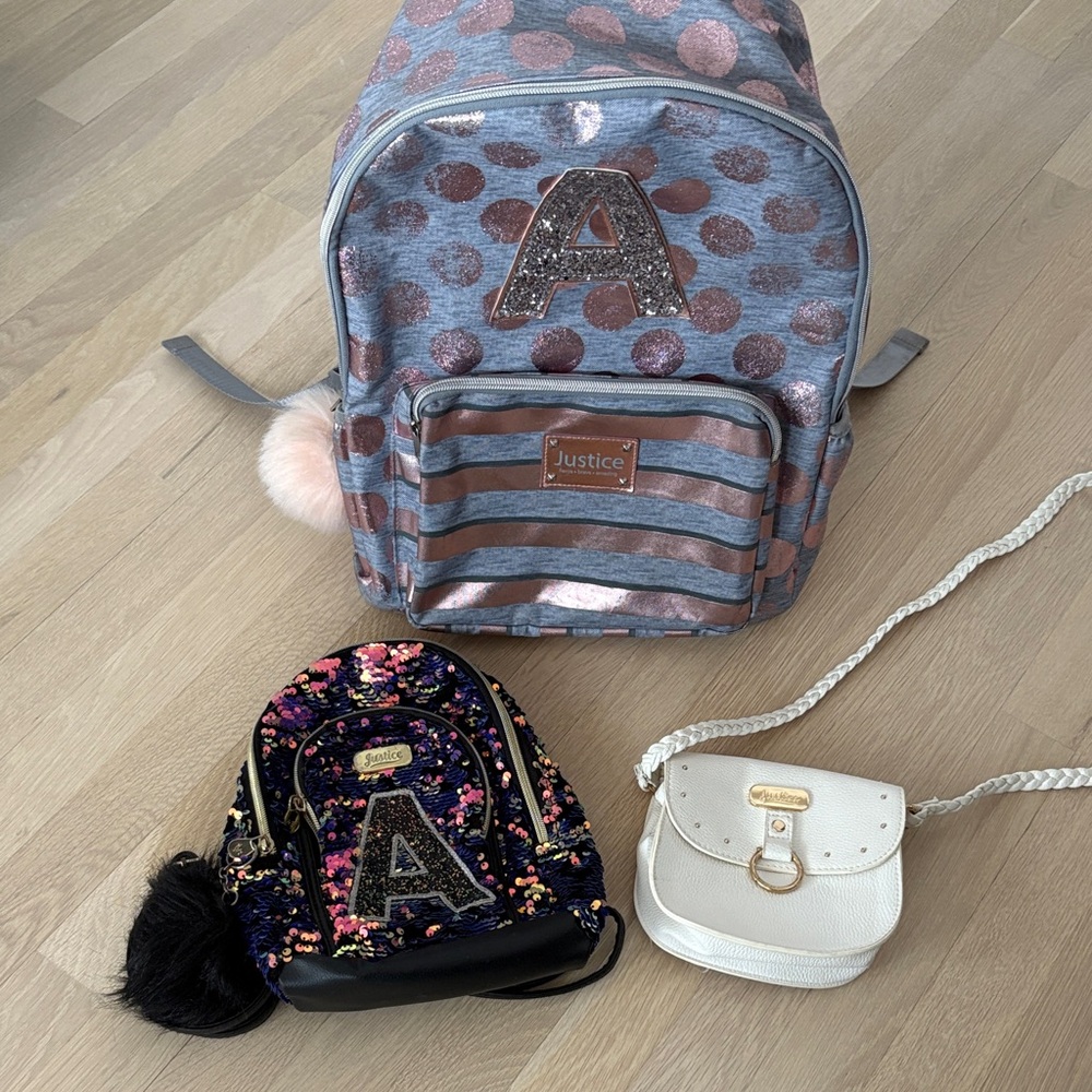 Justice Glittery Backpack Set - Blue, Pink, and White